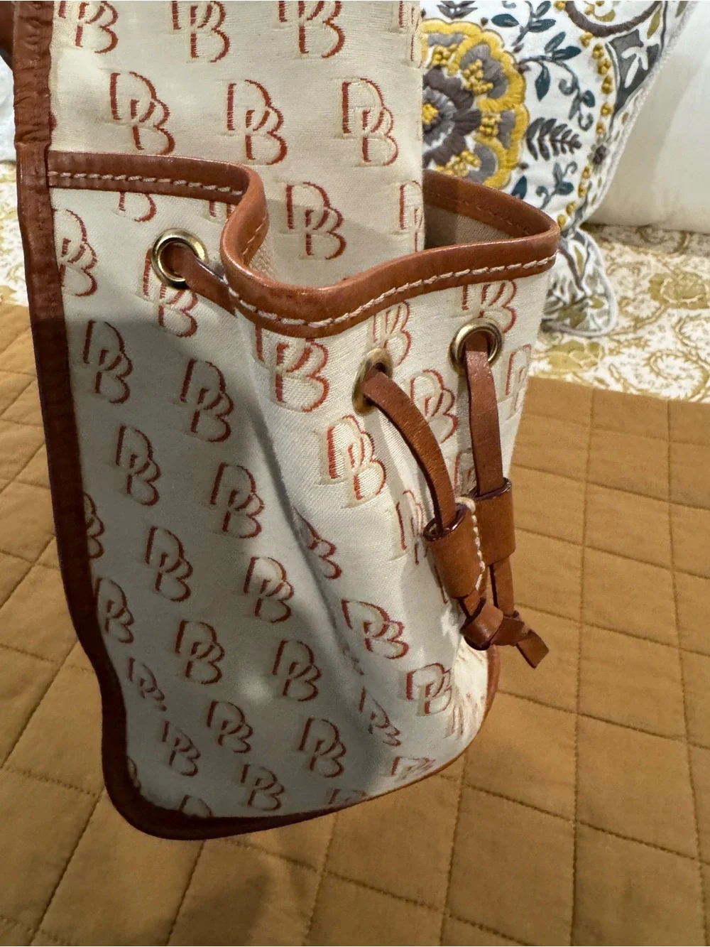 Dooney & Bourke Cream Canvas Tote with Brown Leather Trim